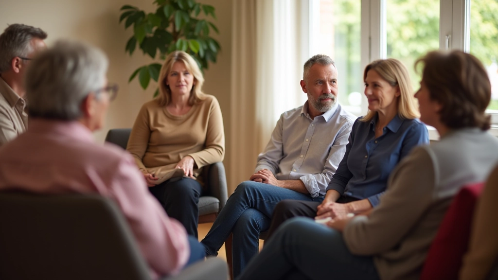 Group of diverse people of various ages sitting in supportive circle during peer coaching session