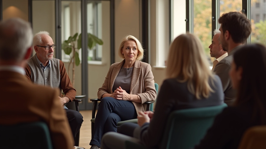 Group of diverse middle-aged people sitting in circle in modern community room, engaged in conversation, warm lighting