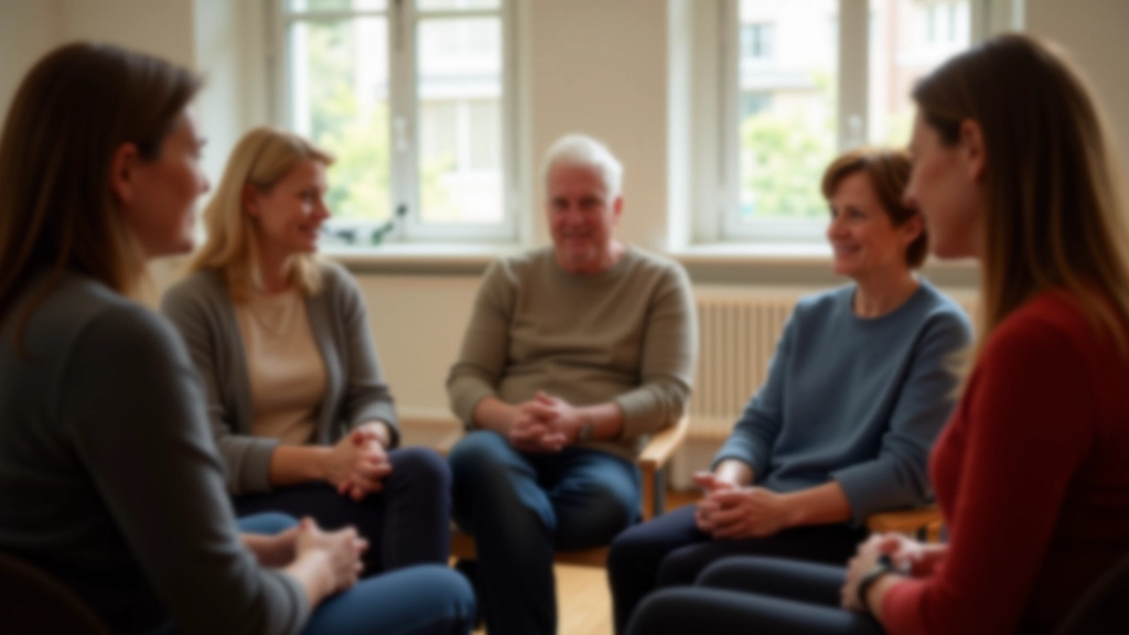 Group of diverse people aged 45-65 in a workshop setting, engaged and smiling, natural daylight