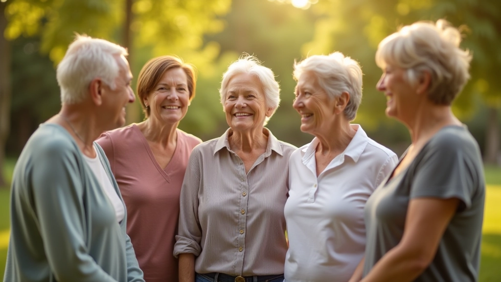 Group of diverse adults in their fifties and sixties standing together outdoors in a supportive circle formation