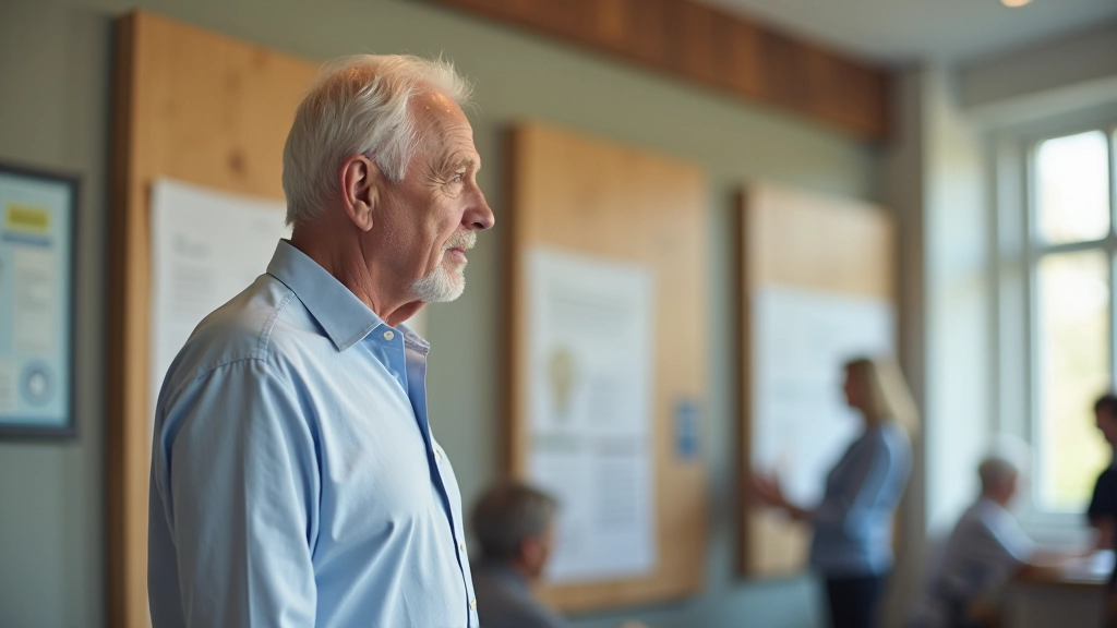 Man aged 55 looking at community bulletin board with event listings in community center