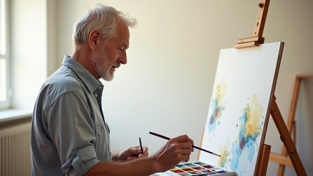 Man aged 55+ painting with watercolors at a wooden easel in natural sunlight, brush in hand, focused expression