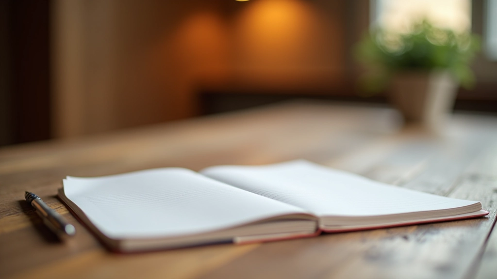 Hands holding a journal and pen, workshop materials visible on table, warm indoor lighting, close-up detail