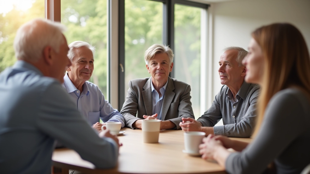 Small group discussion with mixed ages, people leaning in engaged, natural conversation, coffee cups on table