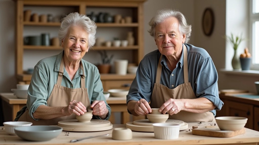 Group of people aged 50+ engaged in a pottery workshop, hands shaping clay on spinning wheels