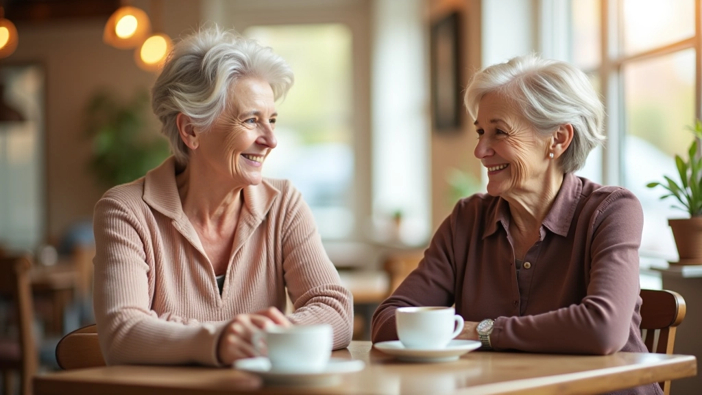 Two women sitting together, engaged in conversation, warm natural light, comfortable setting