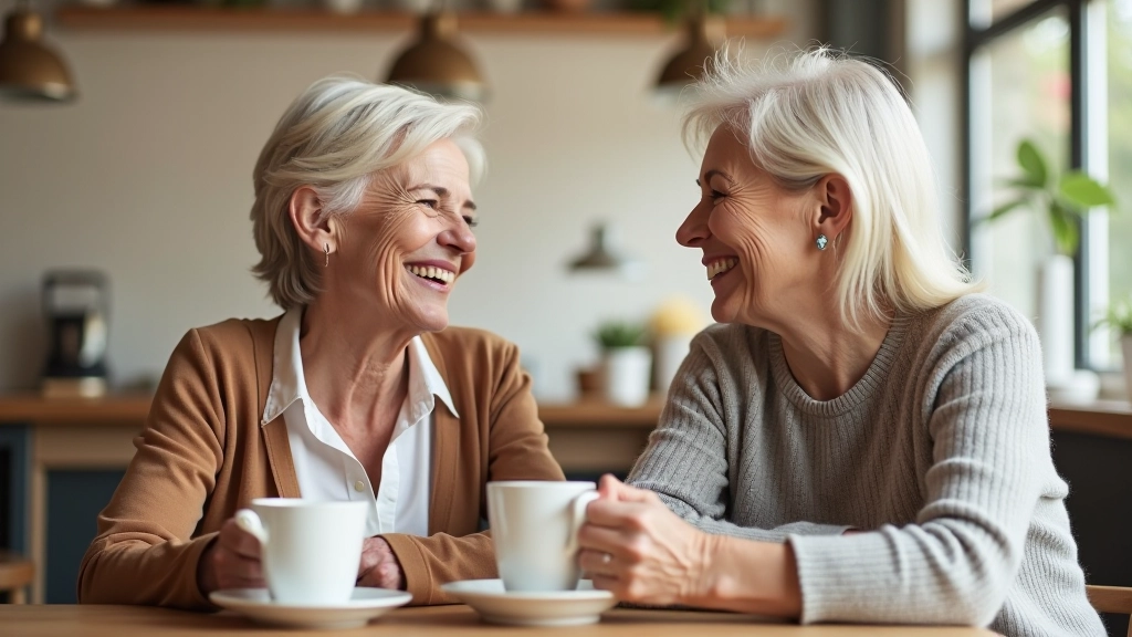 Two women aged 50+ having coffee and laughing together in bright cafe, genuine friendship moment