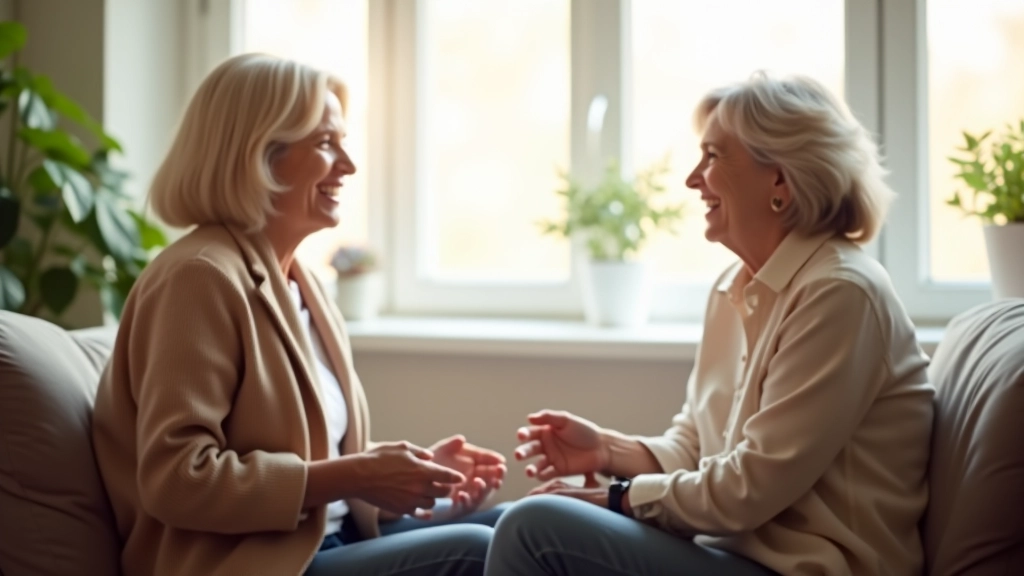 Two middle-aged women sitting in a circle having conversation, natural light from window, warm comfortable setting