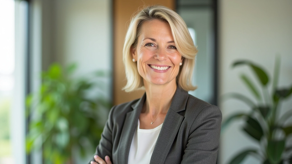 Woman in her fifties smiling confidently in a modern office environment with natural lighting