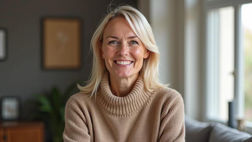 Woman in her 50s smiling confidently, warm natural lighting, professional setting