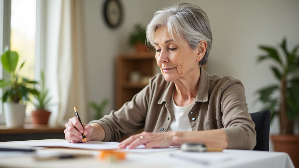 Woman over 50 engaged in creative activity, bright natural lighting, focused expression