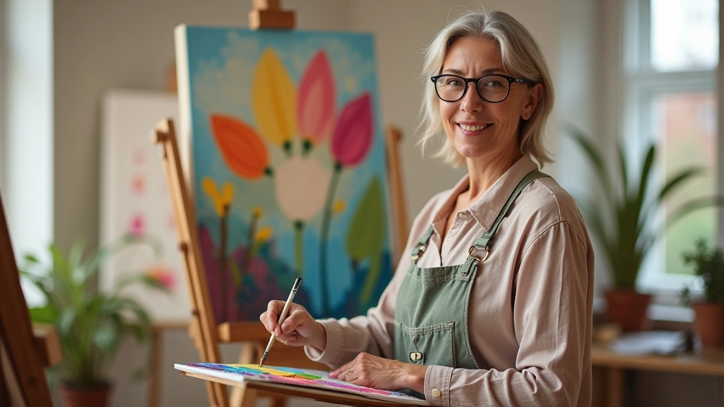 Woman over 50 painting at an easel in a bright studio space with artwork on walls