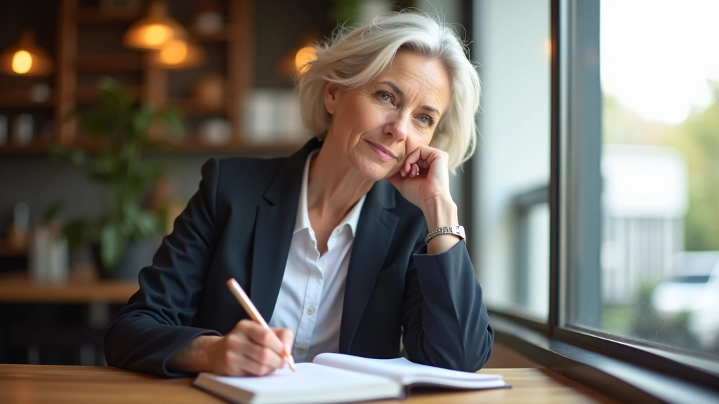 Woman aged 55 writing in journal, sitting by window in bright coffee shop, thoughtful expression