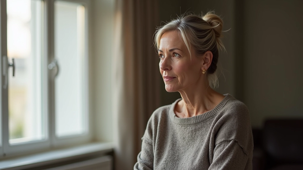 Woman in her 50s looking thoughtfully out a window in natural light, contemplative expression, indoor setting