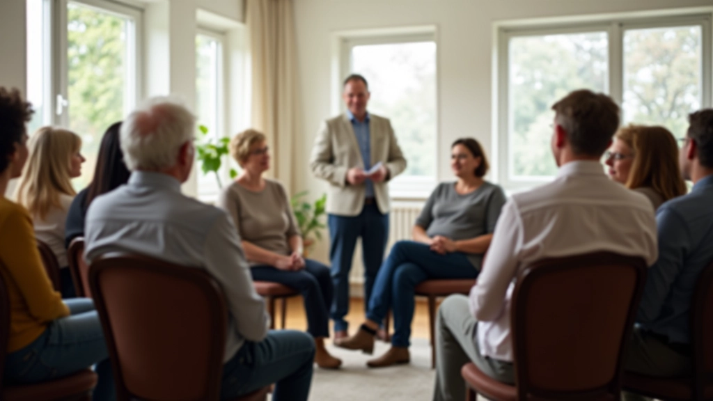 Workshop participants sitting in a circle, listening to a facilitator speak, diverse age group, engaged body language